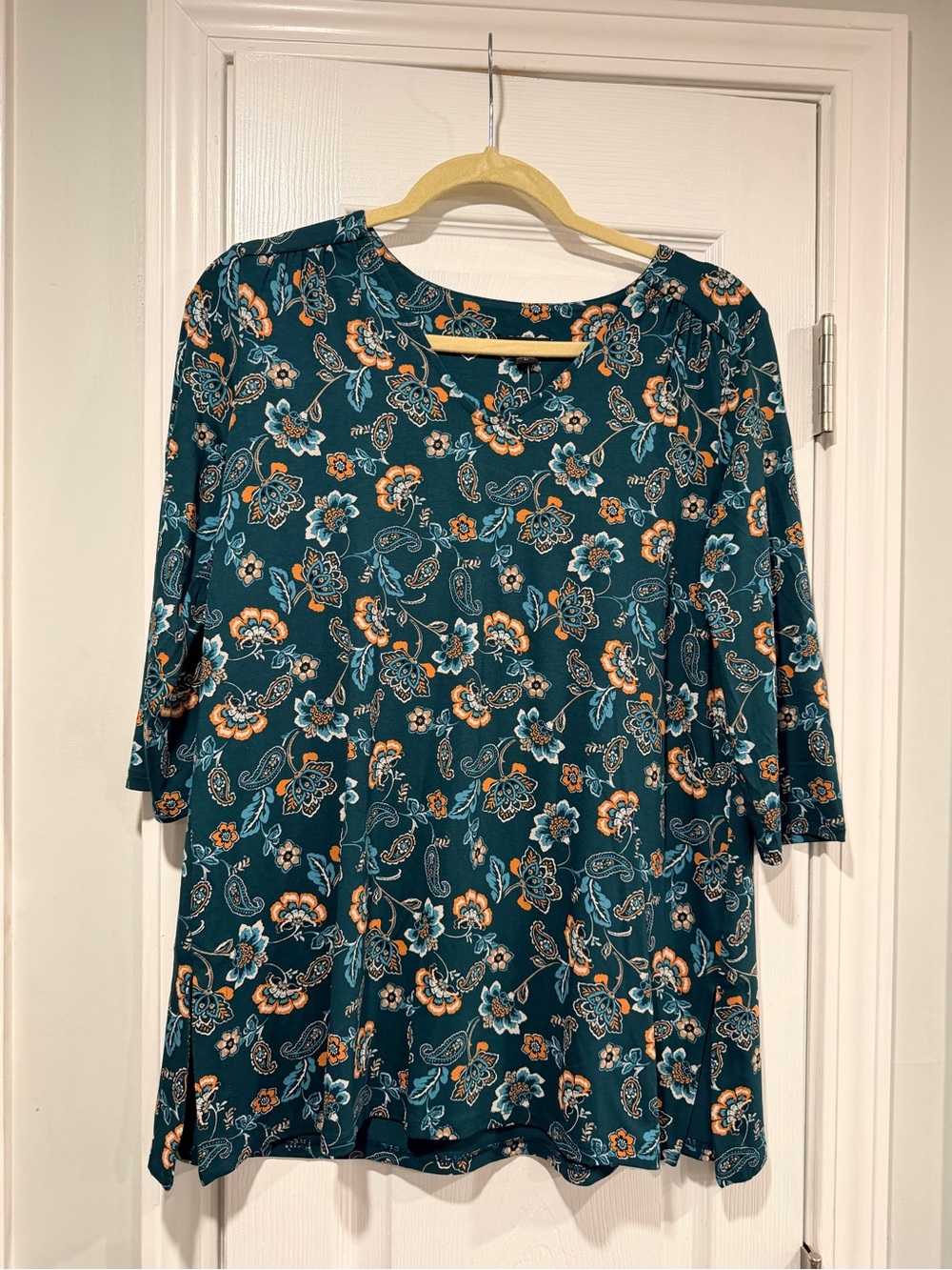 NWT J.Jill Wearever Size XS Teal Floral Paisley Tunic Top 3/4 Sleeve Stretch